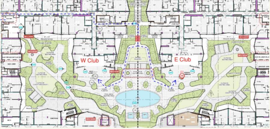Marked-up site plan. Art locations, club zones and circulation set against live RFIs.